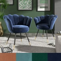 Best deal 👏 Angela Black And Gold Metal Leg Velvet Seashell Accent Chair (Set Of 2) By INSPIRE Q Bold Peacock Blue 🥰