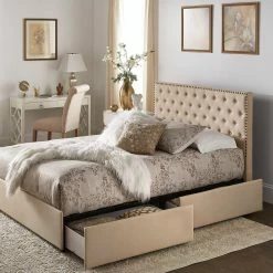 Brand new 😀 Arlert Nailhead Linen Headboard Storage Platform Bed By INSPIRE Q Classic 👏