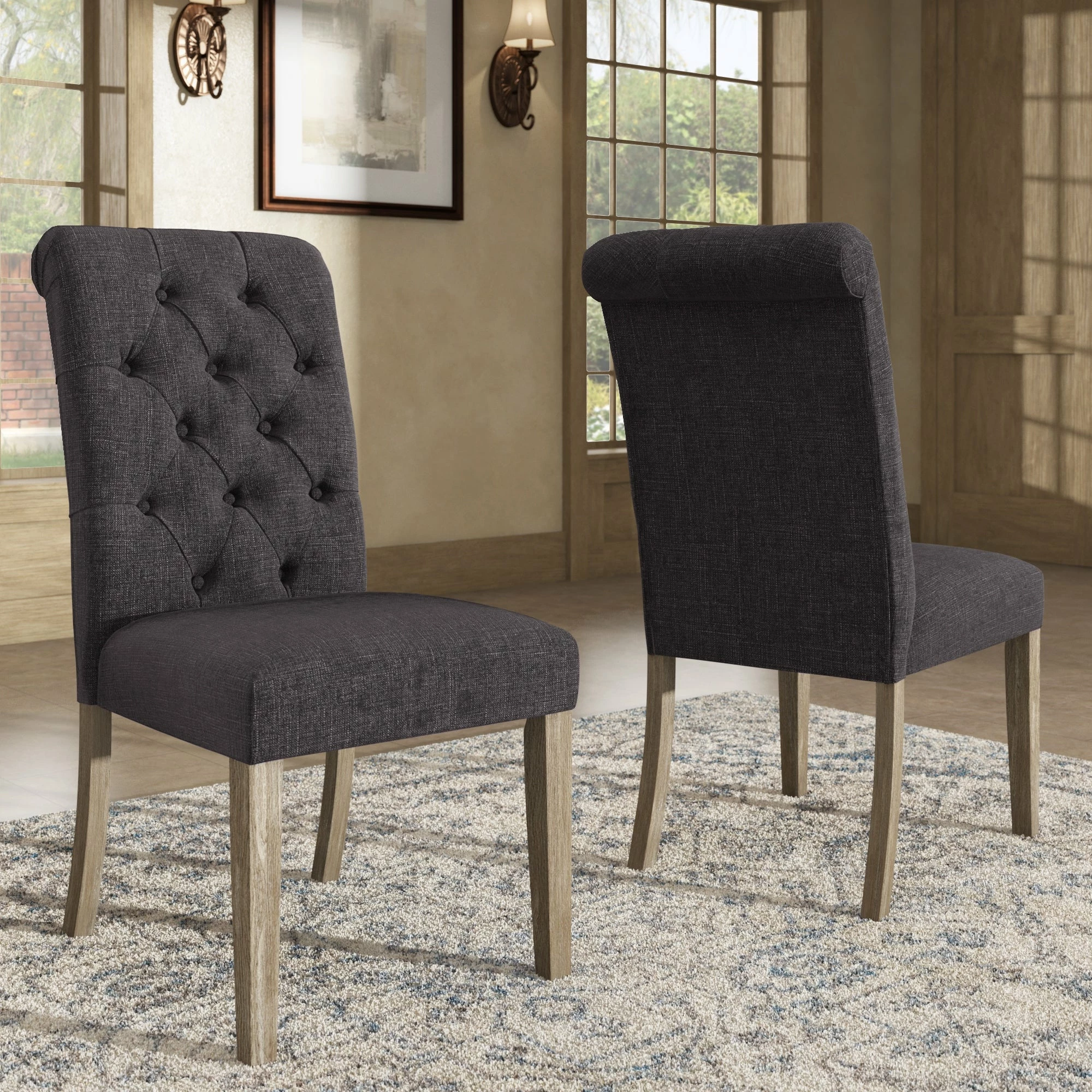 New 🥰 Benchwright Linen Tufted Dining Chair With Grey Finish Legs (Set Of 2) By INSPIRE Q Artisan Beige Linen ⭐ - Image 2