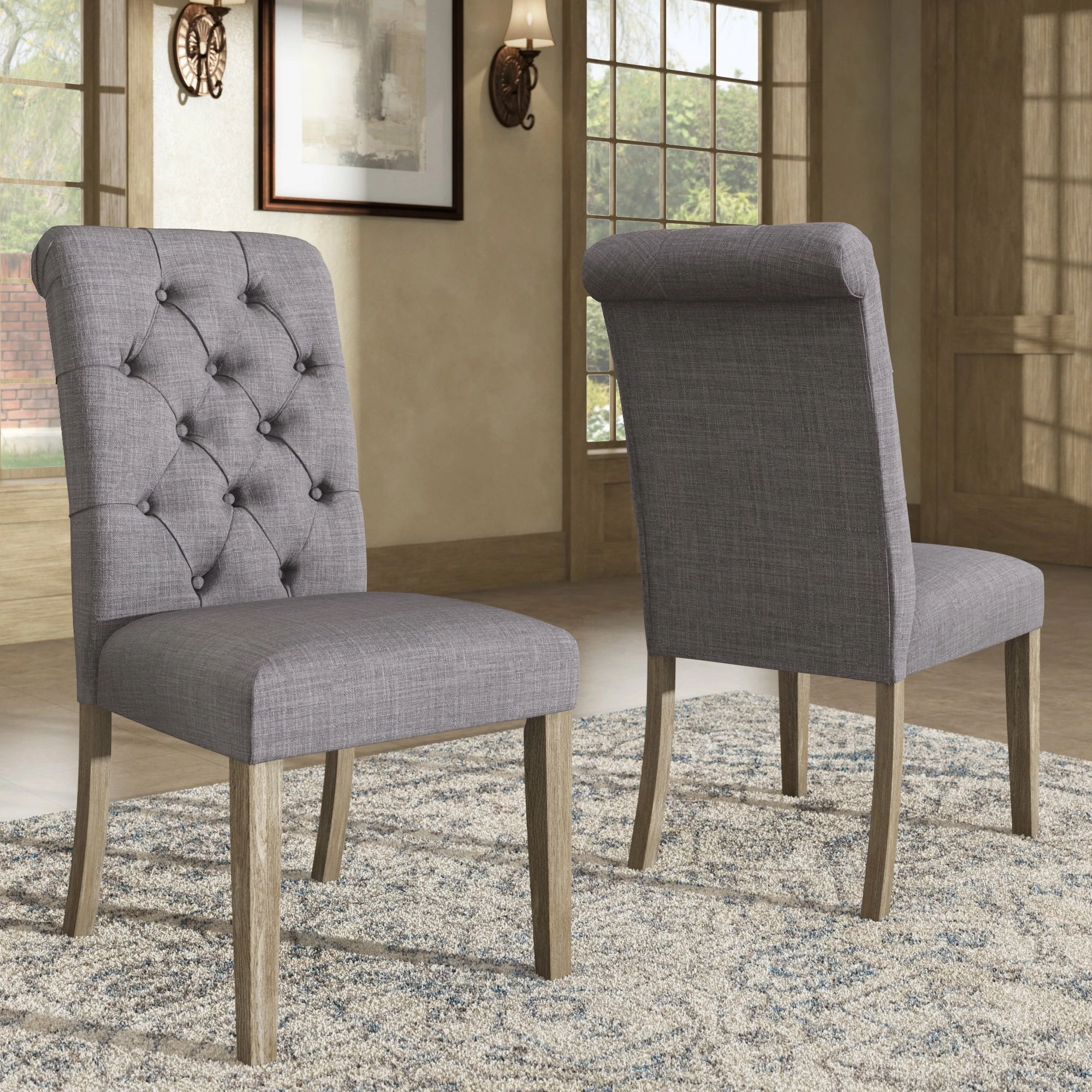 New 🥰 Benchwright Linen Tufted Dining Chair With Grey Finish Legs (Set Of 2) By INSPIRE Q Artisan Beige Linen ⭐ - Image 3