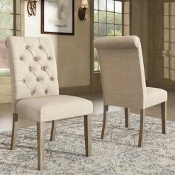 New 🥰 Benchwright Linen Tufted Dining Chair With Grey Finish Legs (Set Of 2) By INSPIRE Q Artisan Beige Linen ⭐