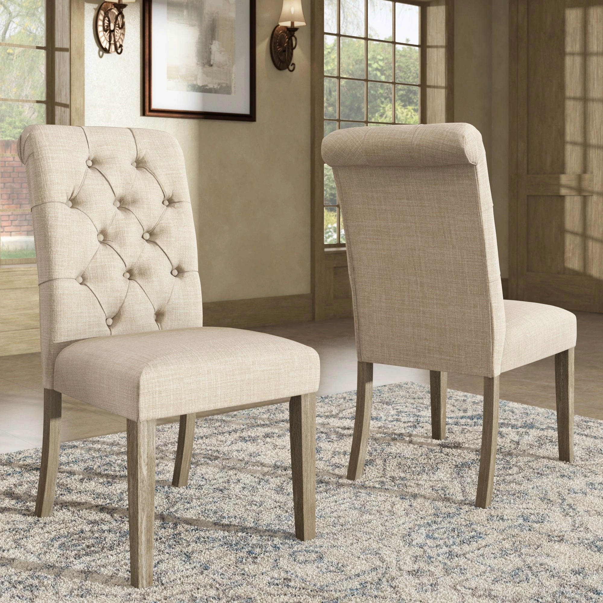 New 🥰 Benchwright Linen Tufted Dining Chair With Grey Finish Legs (Set Of 2) By INSPIRE Q Artisan Beige Linen ⭐