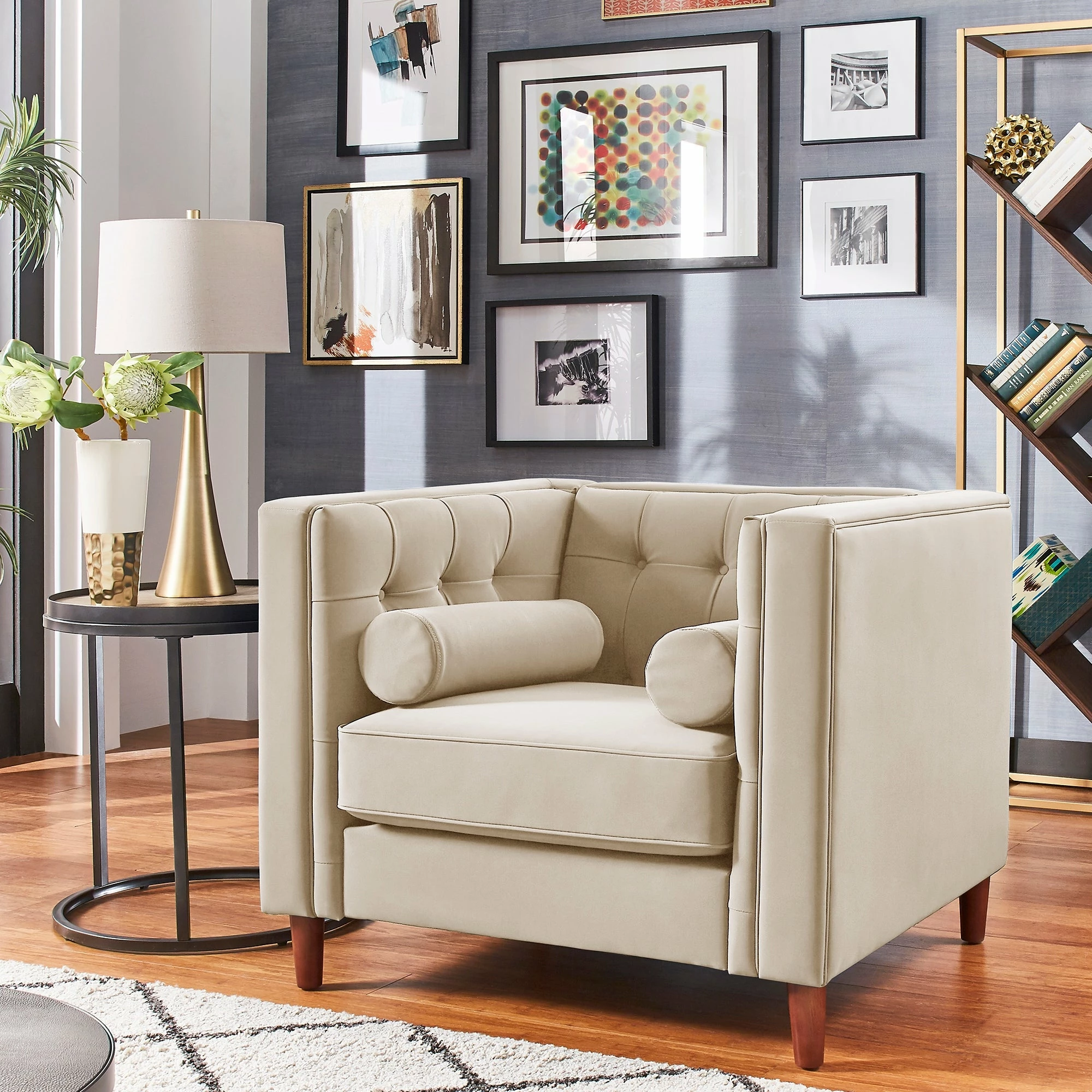New 🎉 Beverly Tuxedo Faux Leather Arm Chair By INSPIRE Q Bold Beige ❤️ 1 New 🎉 Beverly Tuxedo Faux Leather Arm Chair By INSPIRE Q Bold Beige ❤️