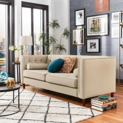 Promo 🤩 Beverly Tuxedo Faux Leather Sofa With Accent Pillows By INSPIRE Q Bold Beige 😀