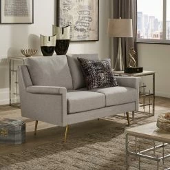 Best deal 🛒 Cade Grey Fabric Loveseat With Gold Metal Legs By INSPIRE Q Modern ⭐