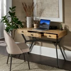 Hot Sale 👏 Calem Light Pine Finish Writing Desk With Black Metal Base By INSPIRE Q Modern ⌛