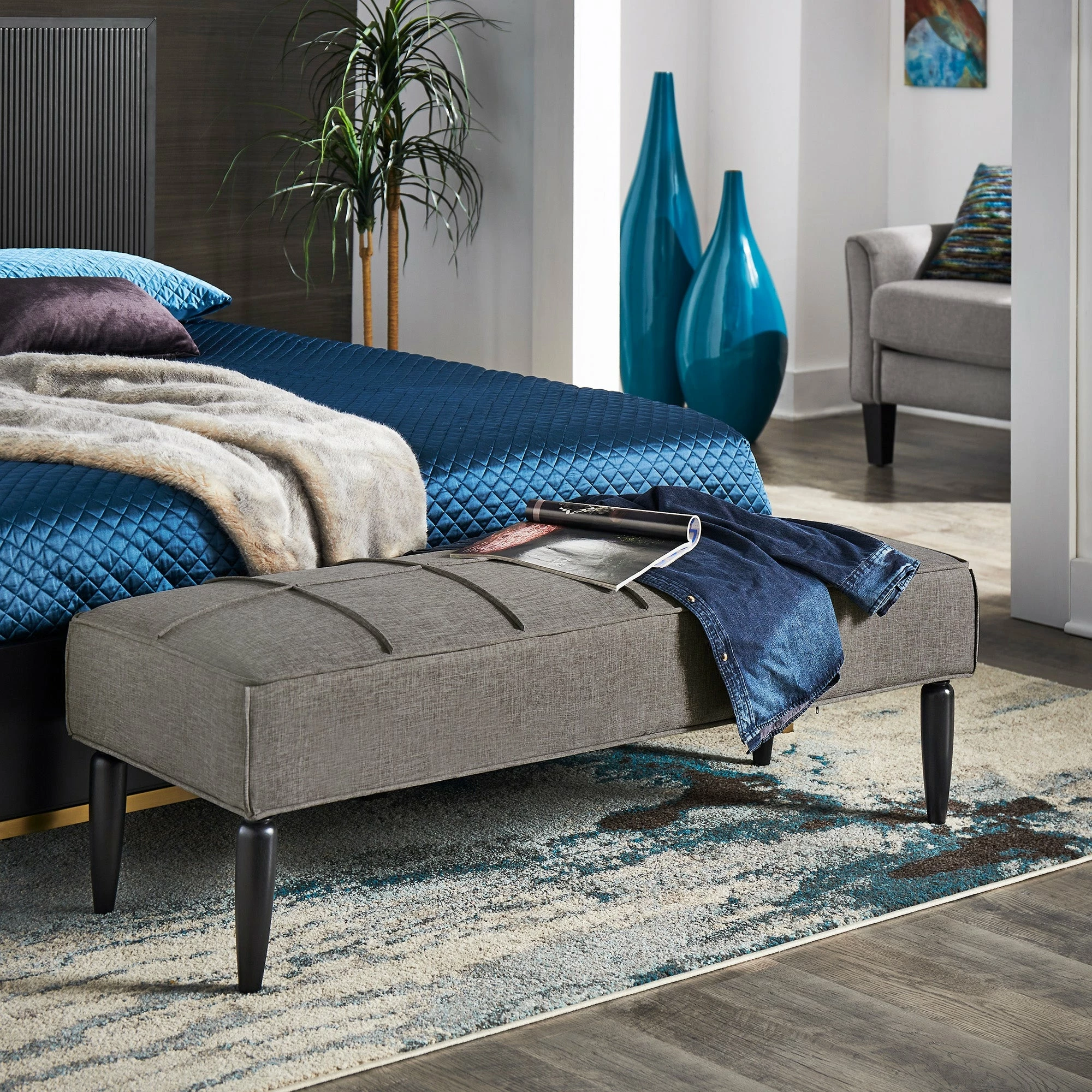 Wholesale ๐ Cassian Black Finish Linen Upholstered Bench By INSPIRE Q Modern Grey ๐งจ - Image 3