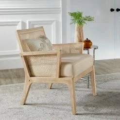Outlet 😀 Celann Natural Finish Fabric Cane Accent Chair By INSPIRE Q Modern ✨