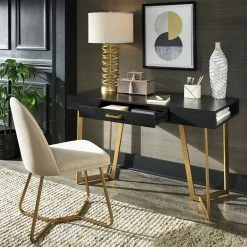 Best Sale 🤩 Cheyenne Black Finish Writing Desk With Gold Metal Base By INSPIRE Q Modern 💯