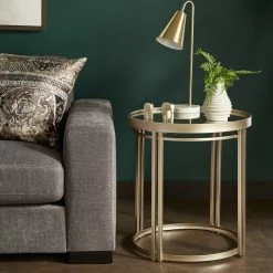 Deals 🥰 Dale Champagne Silver Round Antique Mirror Top End Table By INSPIRE Q Modern ⌛