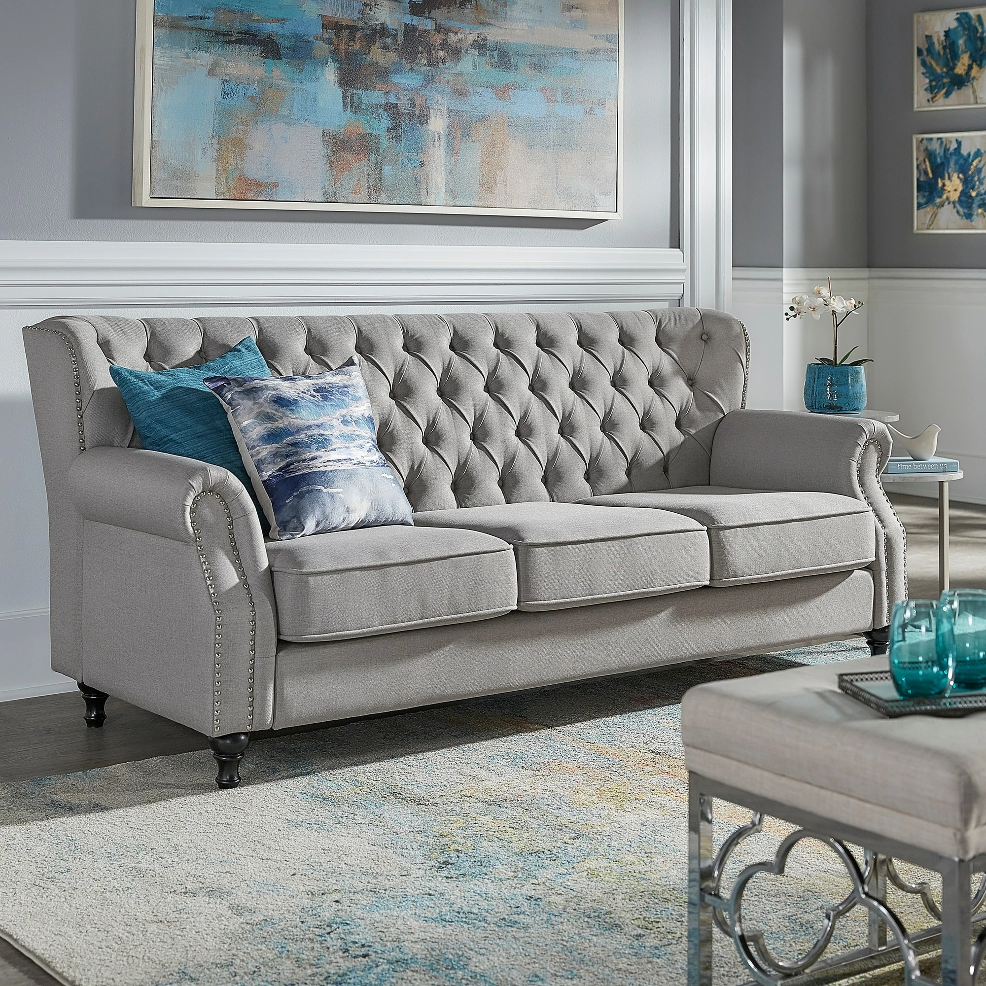 Deals 😉 Dorothy Grey Fabric Button Tufted Sofa With Nailhead Trim By INSPIRE Q Classic 👏 1 Deals 😉 Dorothy Grey Fabric Button Tufted Sofa With Nailhead Trim By INSPIRE Q Classic 👏