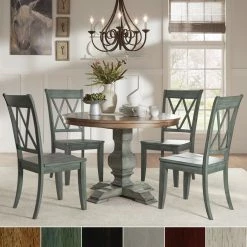 Best Sale 🛒 Eleanor Sage Green Round Solid Wood Top Double X Back 5-piece Dining Set By INSPIRE Q Classic Oak Chairs 😀