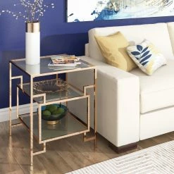 Discount 🎁 Evander Champagne Gold Finish Side Table With Mirror Bottom And Glass Shelf And Top By INSPIRE Q Bold - Side Table 🤩