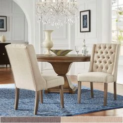 New 🧨 Evelyn Chestnut Finish Linen Tufted Chairs (Set Of 2) By INSPIRE Q Artisan Grey ❤️