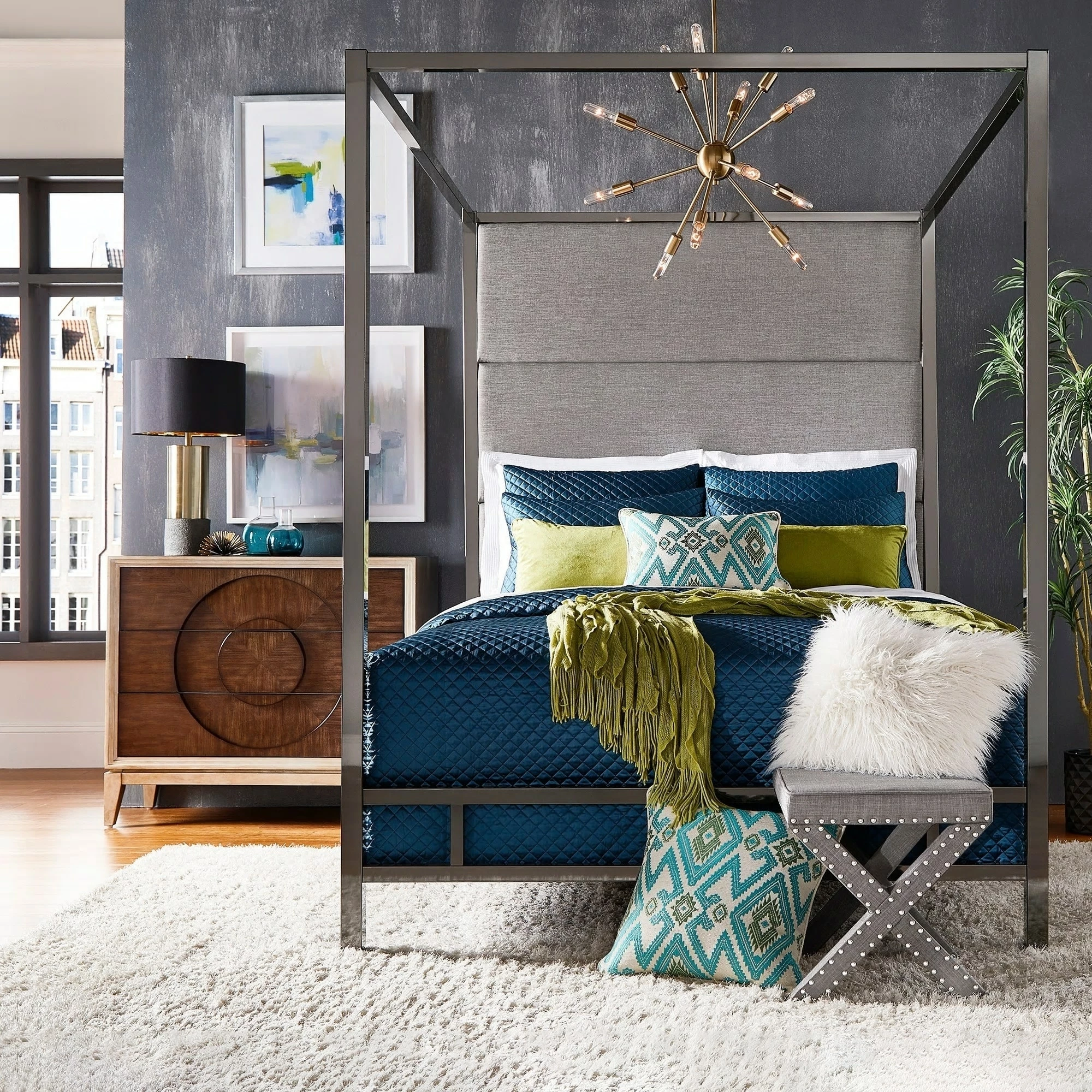 Buy ✔️ Evie Black Nickel Metal Canopy Bed With Linen Panel Headboard By INSPIRE Q Bold Grey 👍 2 Buy ✔️ Evie Black Nickel Metal Canopy Bed With Linen Panel Headboard By INSPIRE Q Bold Grey 👍 - Image 2
