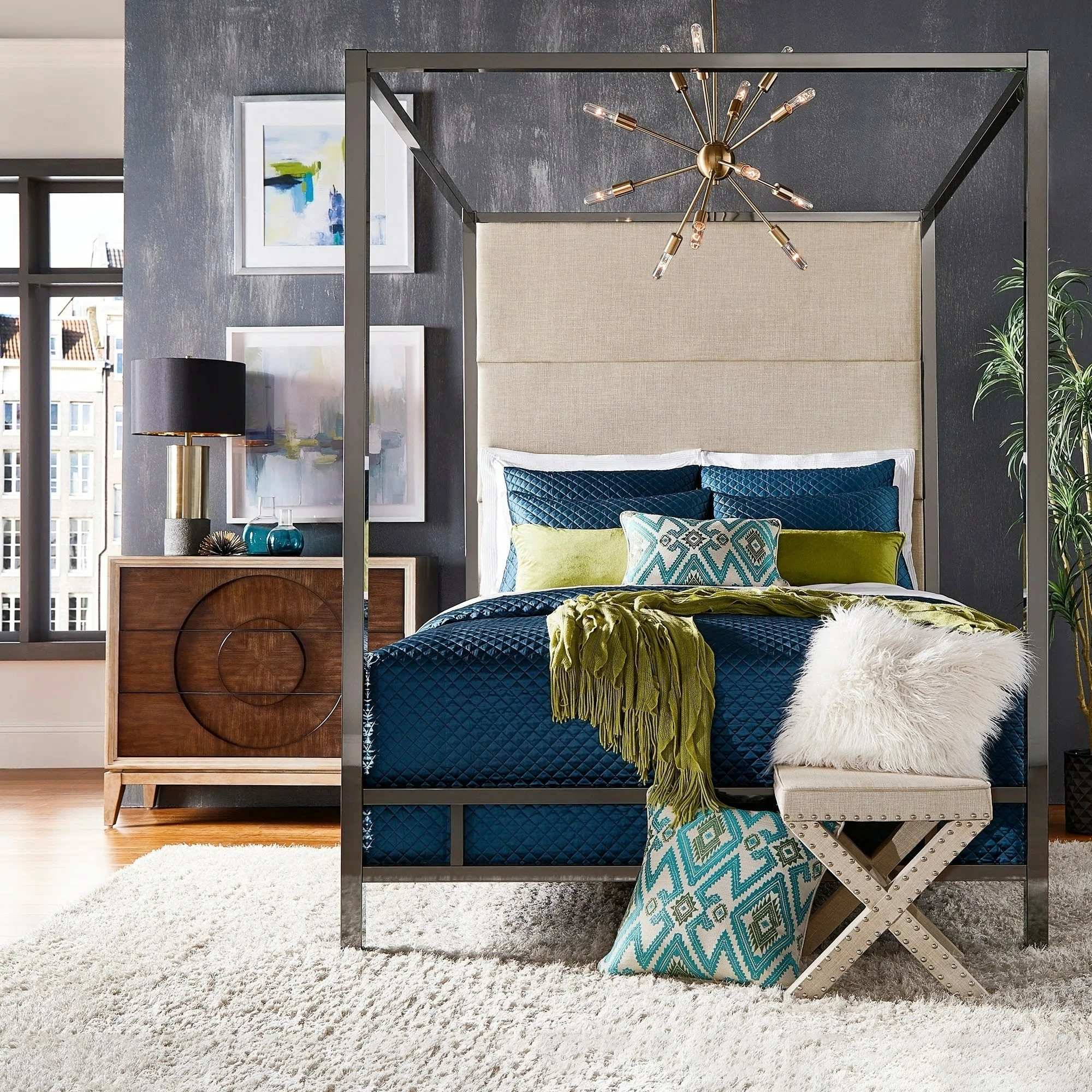 Buy ✔️ Evie Black Nickel Metal Canopy Bed With Linen Panel Headboard By INSPIRE Q Bold Grey 👍 3 Buy ✔️ Evie Black Nickel Metal Canopy Bed With Linen Panel Headboard By INSPIRE Q Bold Grey 👍 - Image 3
