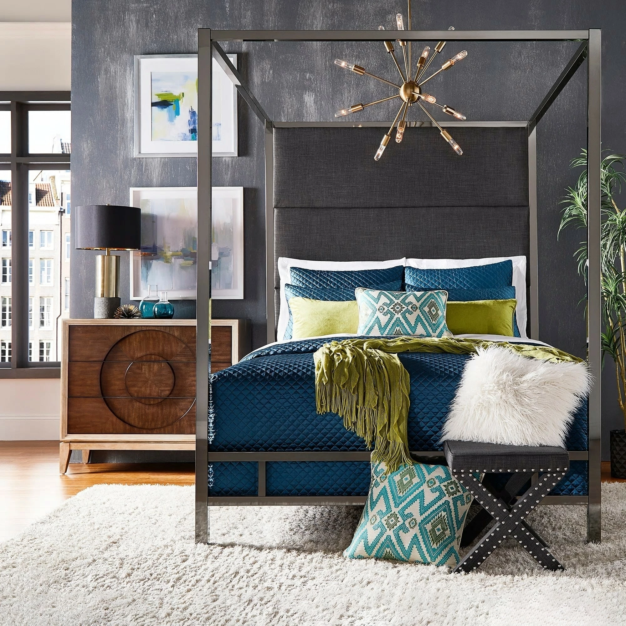 Buy ✔️ Evie Black Nickel Metal Canopy Bed With Linen Panel Headboard By INSPIRE Q Bold Grey 👍 1 Buy ✔️ Evie Black Nickel Metal Canopy Bed With Linen Panel Headboard By INSPIRE Q Bold Grey 👍