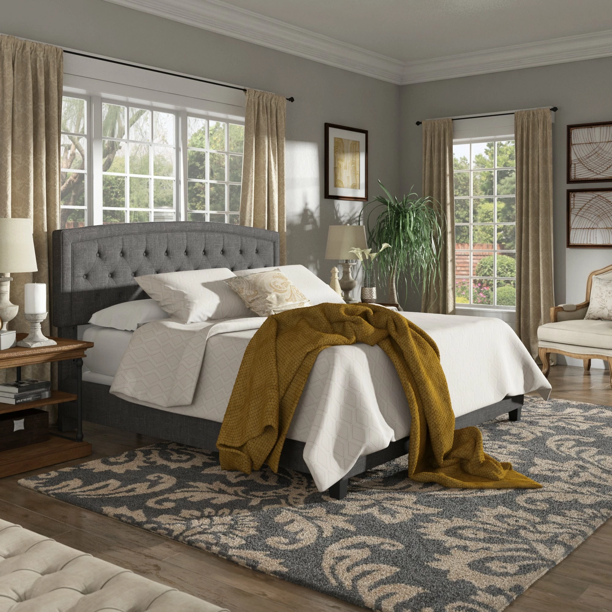 Buy 😉 Fontana Adjustable Diamond-tufted Arched Back Bed By INSPIRE Q Classic Charcoal Linen ✔️ - Image 4