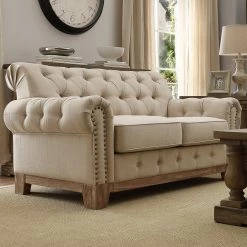 Coupon ✨ Greenwich Tufted Rolled Arm Nailhead Chesterfield Loveseat By INSPIRE Q Artisan Brown Polished Microfiber ⌛