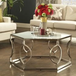 Hot Sale 🛒 Davlin Contemporary Glam Hexagonal Metal Frosted-glass Coffee Table By INSPIRE Q Bold 🛒