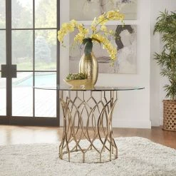 Cheap ✔️ Davlin Round Glass Top Champagne Base Dining Table By INSPIRE Q Bold - Gold ✔️