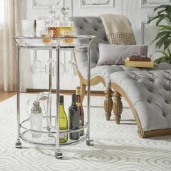 Brand new 💯 Metropolitan Round Chrome Metal Glass Top Bar Cart By INSPIRE Q Bold 😍