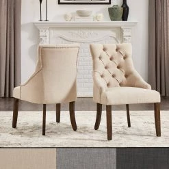 Outlet 🤩 Kimpton Linen Curved Back Tufted Dining Chair (Set Of 2) By INSPIRE Q Artisan Dark Grey Linen ⌛