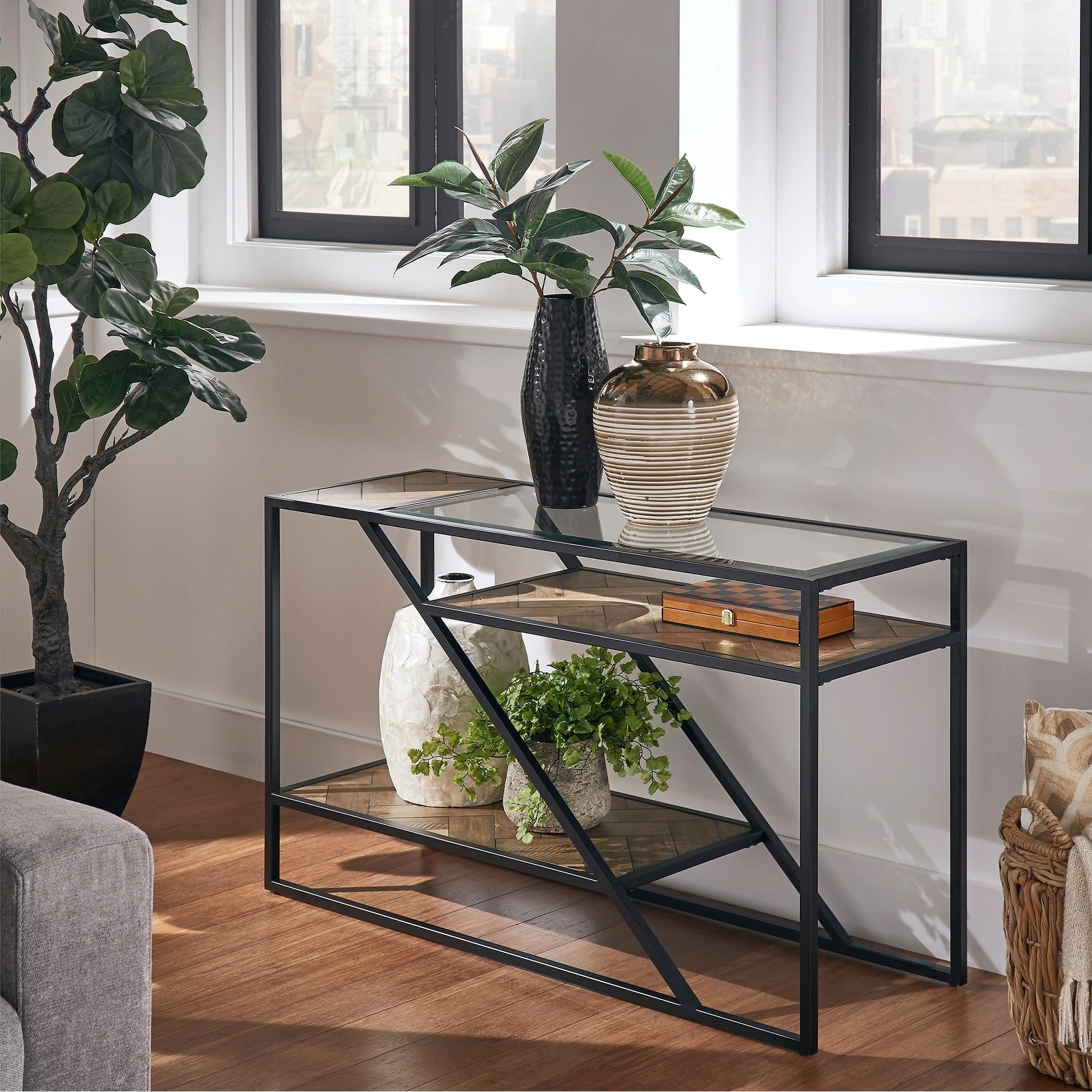 New ⭐ Kita Black Metal Parquet Wood And Glass Sofa Table By INSPIRE Q Modern - Sofa Table 🛒 1 New ⭐ Kita Black Metal Parquet Wood And Glass Sofa Table By INSPIRE Q Modern - Sofa Table 🛒