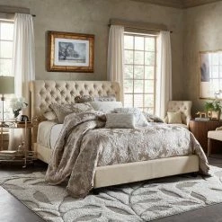 Cheap ✨ Knightsbridge Beige Linen Rolled Top Tufted Chesterfield Bed By INSPIRE Q Artisan ✔️