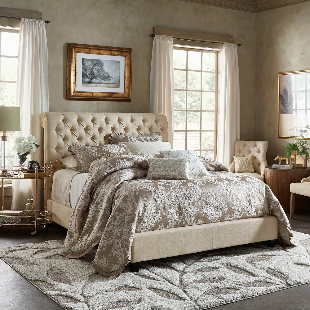 Cheap ✨ Knightsbridge Beige Linen Rolled Top Tufted Chesterfield Bed By INSPIRE Q Artisan ✔️ 1 Cheap ✨ Knightsbridge Beige Linen Rolled Top Tufted Chesterfield Bed By INSPIRE Q Artisan ✔️