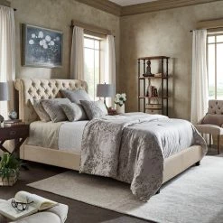 Promo 👍 Knightsbridge Beige Linen Rolled Top Tufted Chesterfield Platform Bed By INSPIRE Q Artisan 🎁