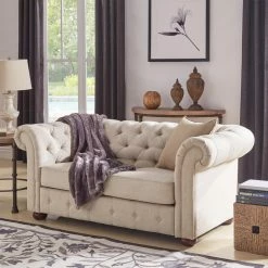 Wholesale 👏 Knightsbridge Beige Linen Tufted Scroll Arm Chesterfield Loveseat By INSPIRE Q Artisan 😀