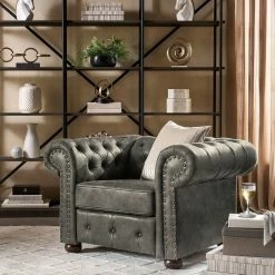 Best Sale ⌛ Knightsbridge Tufted Scroll Arm Chesterfield Chair By INSPIRE Q Artisan Brown Polished Microfiber ⌛