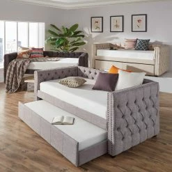 Hot Sale ⭐ Knightsbridge Twin Tufted Nailhead Daybed By INSPIRE Q Artisan Grey Linen Daybed And Trundle 🥰
