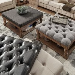 New 🤩 Lennon Baluster Storage Tufted Ottoman Table By INSPIRE Q Artisan Dark Grey Linen- Button Tufts ⭐