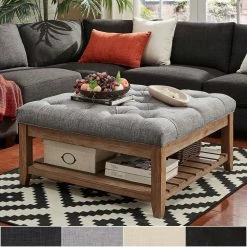 New ⭐ Lennon Pine Planked Ottoman Coffee Table By INSPIRE Q Artisan Dark Grey Linen- Button Tufts 🔥