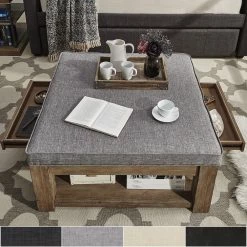 Deals 👍 Lennon Pine Storage Ottoman Coffee Table By INSPIRE Q Artisan Grey Linen - Button Tufts 🤩