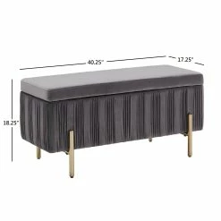 New 😀 Lisbeth Grey Pleated Velvet Lift-Top Storage Bench By INSPIRE Q Bold ✔️ -iNSPIRE Q shop Lisbeth Gold Finished and Grey Pleated Velvet Lift Top Storage Bench by iNSPIRE Q Bold 11