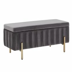 New 😀 Lisbeth Grey Pleated Velvet Lift-Top Storage Bench By INSPIRE Q Bold ✔️ -iNSPIRE Q shop Lisbeth Gold Finished and Grey Pleated Velvet Lift Top Storage Bench by iNSPIRE Q Bold 2