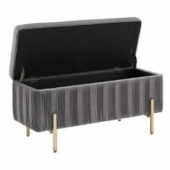 New 😀 Lisbeth Grey Pleated Velvet Lift-Top Storage Bench By INSPIRE Q Bold ✔️ -iNSPIRE Q shop Lisbeth Gold Finished and Grey Pleated Velvet Lift Top Storage Bench by iNSPIRE Q Bold 3