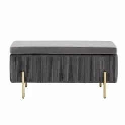 New 😀 Lisbeth Grey Pleated Velvet Lift-Top Storage Bench By INSPIRE Q Bold ✔️ -iNSPIRE Q shop Lisbeth Gold Finished and Grey Pleated Velvet Lift Top Storage Bench by iNSPIRE Q Bold 4