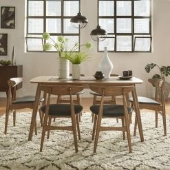 Flash Sale ✔️ Norwegian Danish Modern Chestnut Tapered Dining Set By INSPIRE Q Modern Beige Fabric/4 Chairs/1 Bench 👍