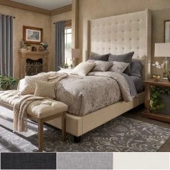 Best Sale ⌛ Marion Nailhead Wingback Tufted 84-Inch High Headboard Platform Bed By INSPIRE Q Bold King Size - Cream White Linen 😉