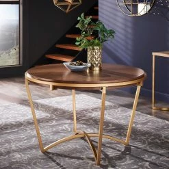 Best Sale 😉 Marlee Natural Finish Dining Table With Gold Metal Base By INSPIRE Q Modern 🎉