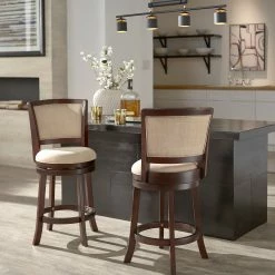 Best Pirce 🛒 Menas Dark Cherry Finish Beige Linen Swivel Chair By INSPIRE Q Classic Beige Linen- Counter Height 🤩