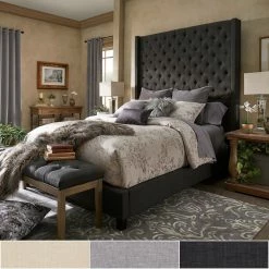 New 😉 Naples Wingback Button Tufted 84-inch Headboard Platform Bed By INSPIRE Q Artisan Dark Grey Linen 🌟