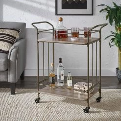 Deals 🎁 Palacios Bronze Finish And Wood Straight Lines Bar Cart By INSPIRE Q Modern 🧨