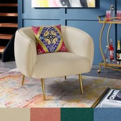 Discount ⭐ Roman Brass Finish Velvet Upholstered Accent Chair By INSPIRE Q Bold Beige Velvet 🤩