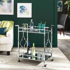 Hot Sale 🎉 Rosewood Chrome Floral Bar Cart With Mirror Bottom And Glass Top By INSPIRE Q Bold 🎁
