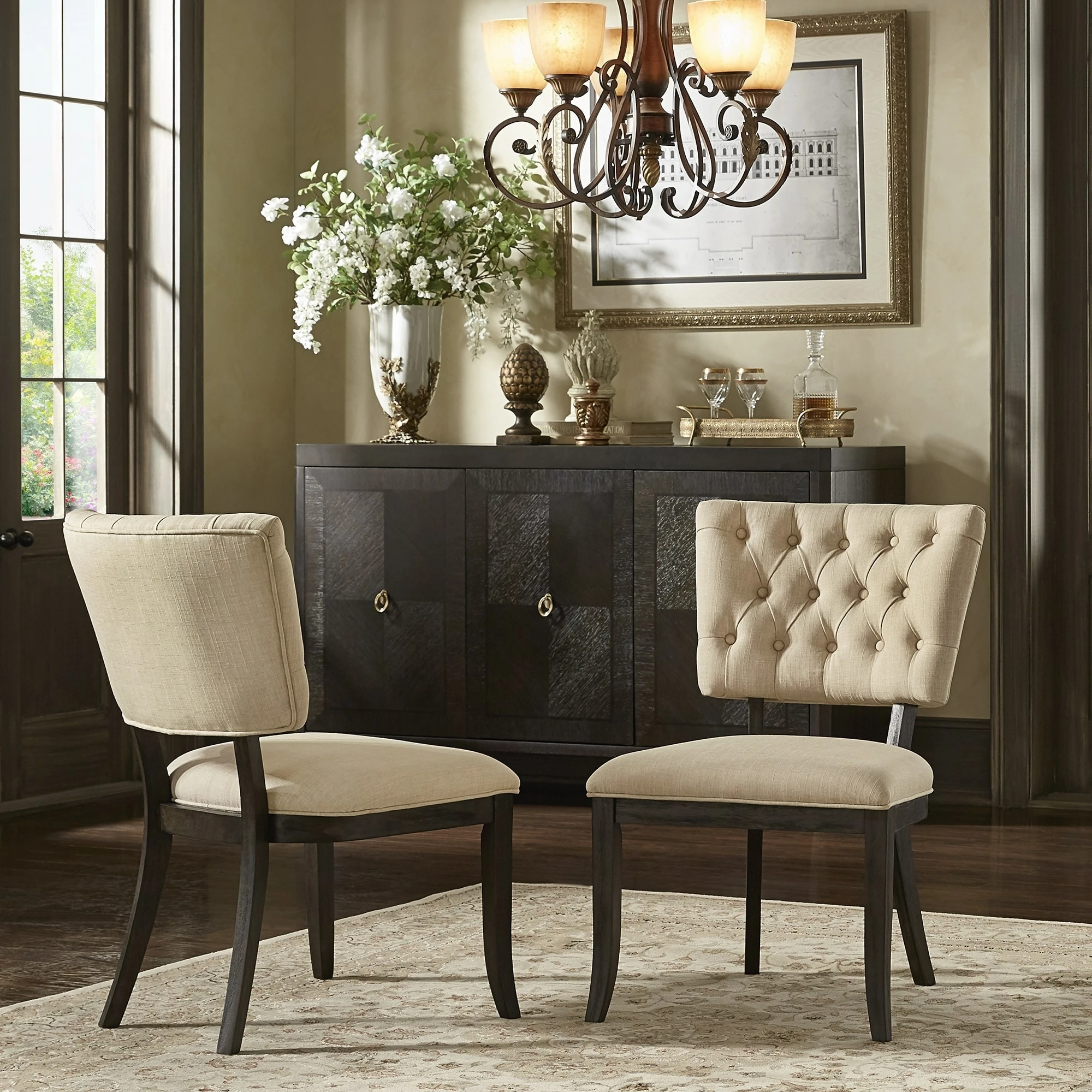 Outlet 🔔 Rowland Beige Linen Tufted Dining Chairs (Set Of 2) By INSPIRE Q Artisan Chestnut Finish 😍 - Image 2